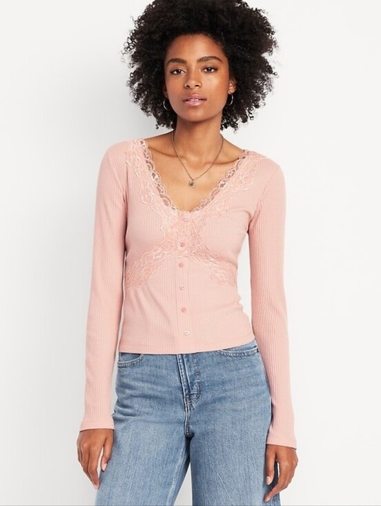 Old Navy Tops - Old Navy Petal Pink Coquette Lace Accent Ribbed V Neck Top M